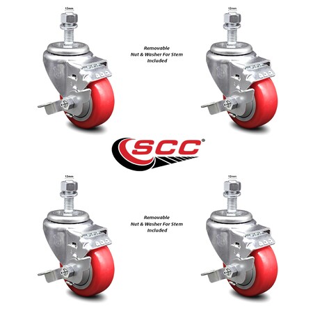 Service Caster 3 Inch Red Polyurethane Swivel 12mm Threaded Stem Caster Set with Brake SCC-TS20S314-PPUB-RED-TLB-M1215-4